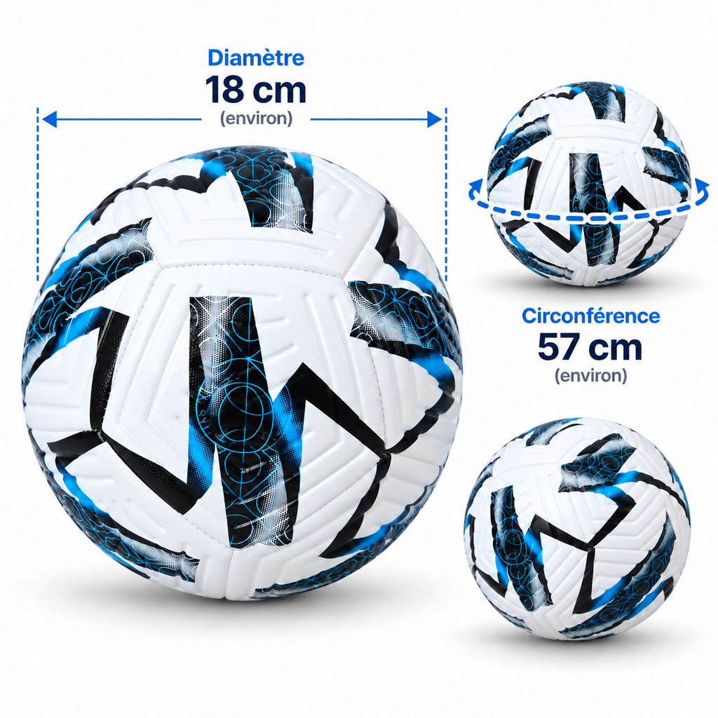 Ballon de Football Junior – 18 cm – Blanc, Noir & Bleu – 6 à 9 Ans