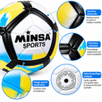 Ballon de Football Junior 6-9 ans MINSA SPORTS – 18 cm – Blanc, Noir, Jaune & Bleu