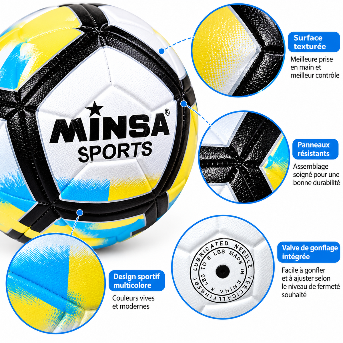 Ballon de Football Junior 6-9 ans MINSA SPORTS – 18 cm – Blanc, Noir, Jaune & Bleu