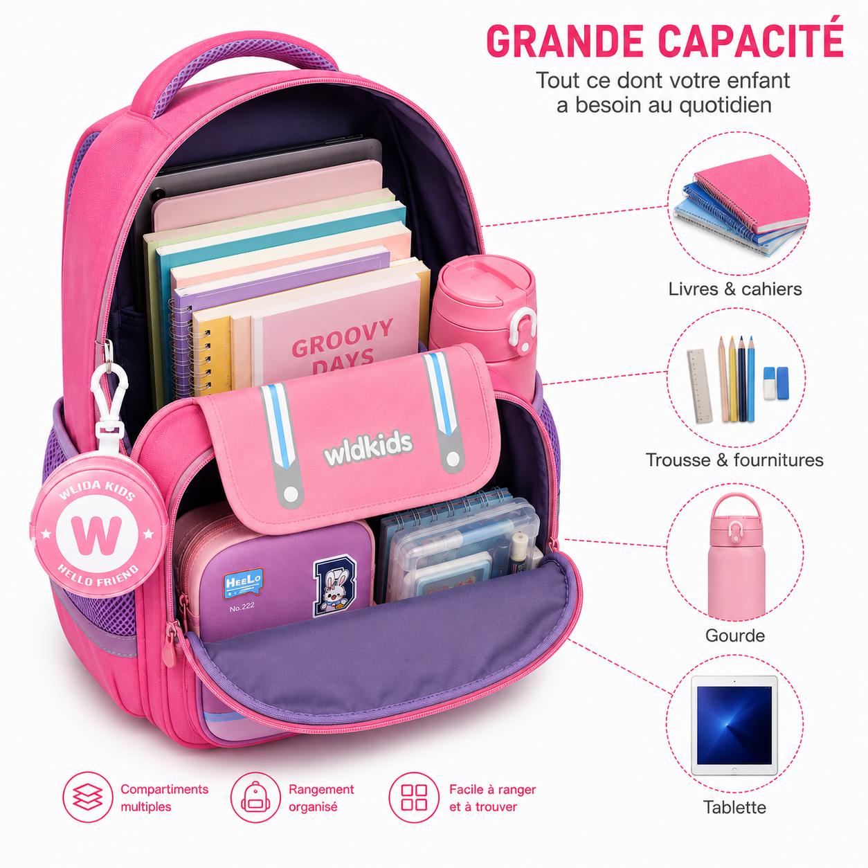 Sac à Dos Scolaire Enfant Wldkids Rose – Classes de CE & CM – Avec Trousse Ronde Amovible