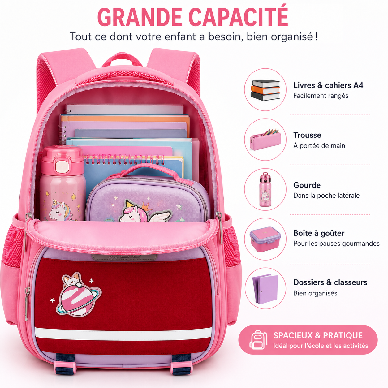 Sac à Dos Scolaire Fille Nuage & Planète - Rose - Classes de CM – Grande Capacité – Dos Respirant – Bretelles Rembourrées