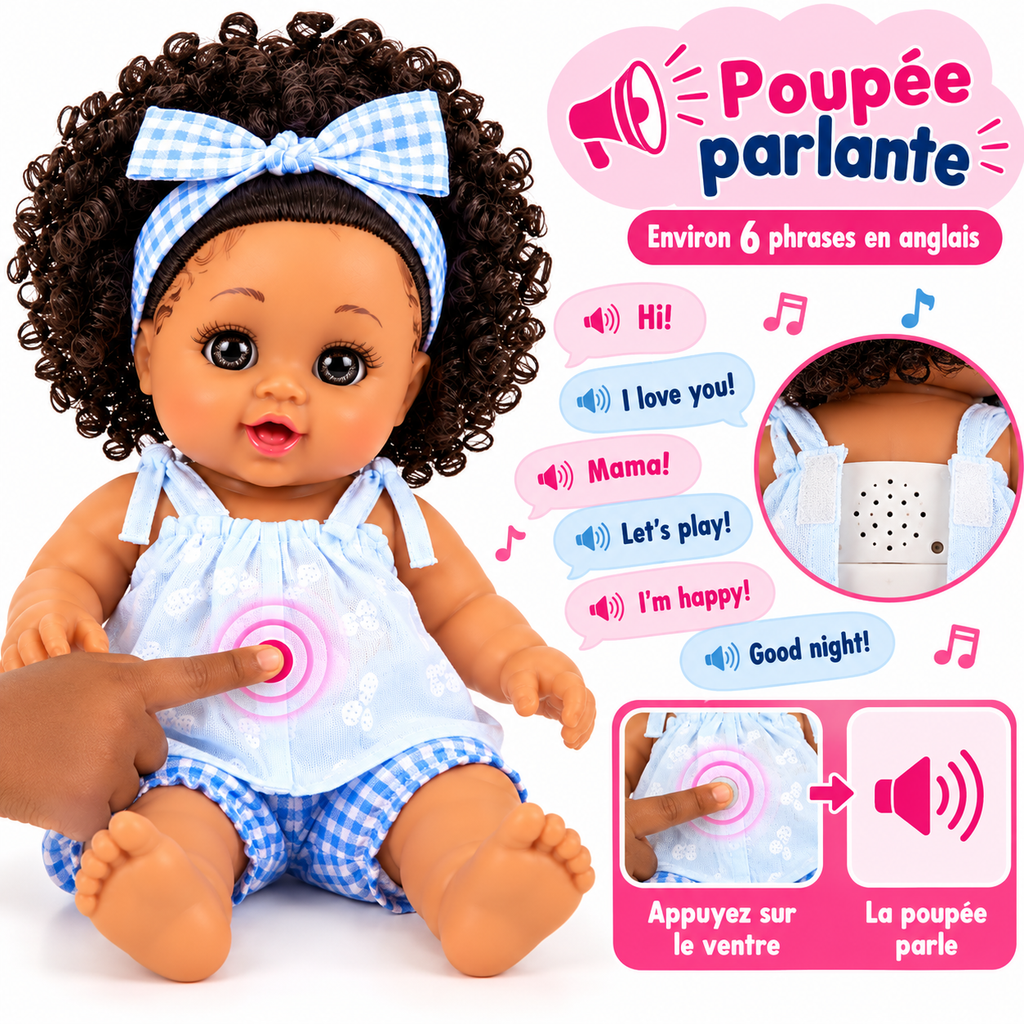 Poupée Bébé Fille Parlante 30 cm – Tenue Blanche & Bleu Clair