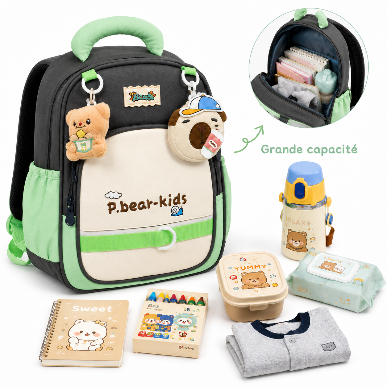Sac à Dos Maternelle P.Bear Kids Gris, Beige et Vert – Enfant 2 à 5 Ans