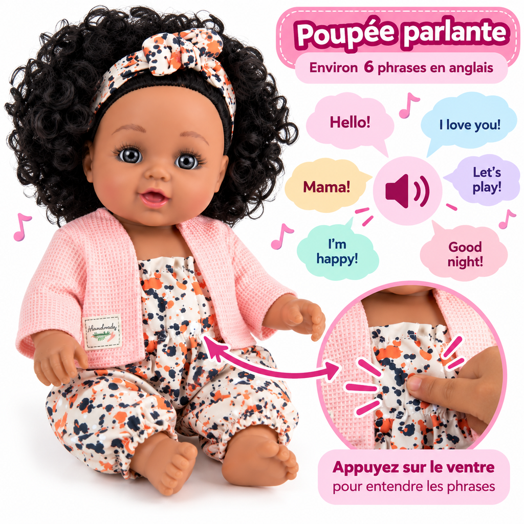 Poupée Bébé Fille Parlante 30 cm – Tenue Imprimée & Gilet Rose