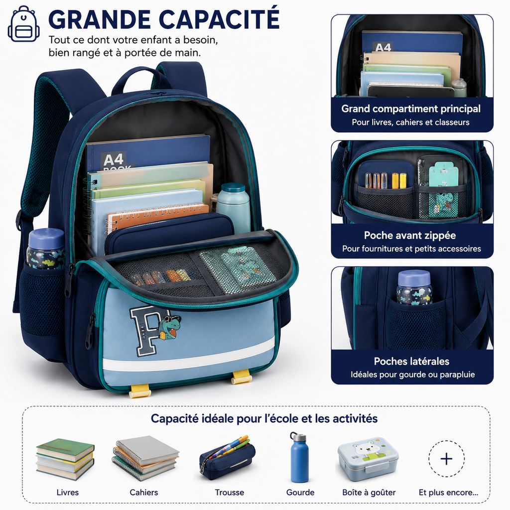 Sac à Dos Scolaire Enfant Dinosaure Bleu Classes de CM – Grande Capacité – Dos Respirant – Bretelles Rembourrées – Kidoo