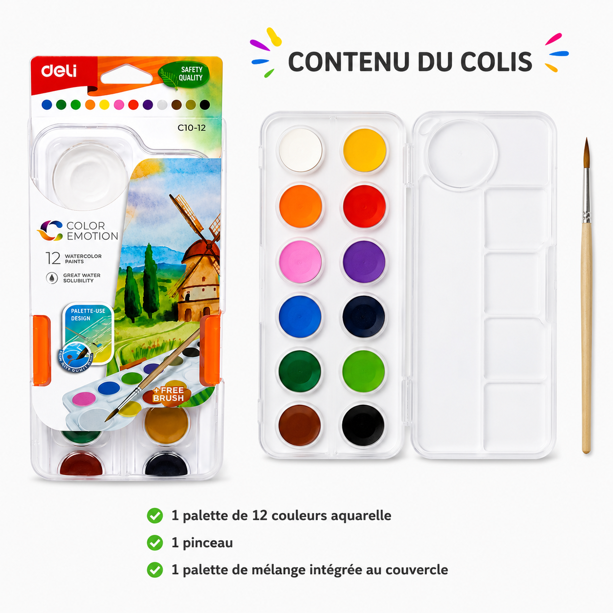 Deli Color Emotion C10-12 Peinture Aquarelle  12 Couleurs – Palette avec Pinceau