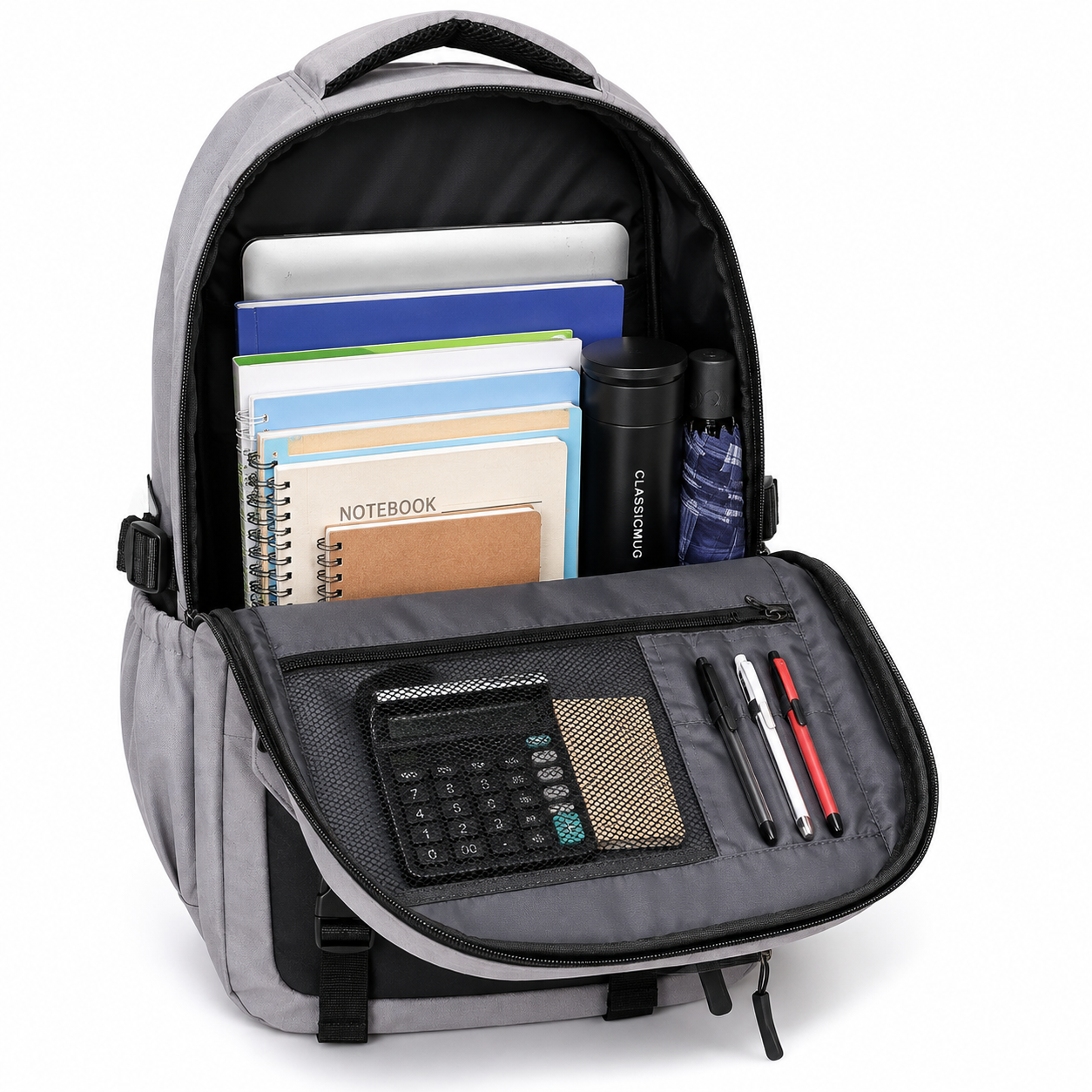 Sac à Dos Scolaire Confident Collège & Lycée - Grande Capacité 48 × 34 × 16 cm – Gris