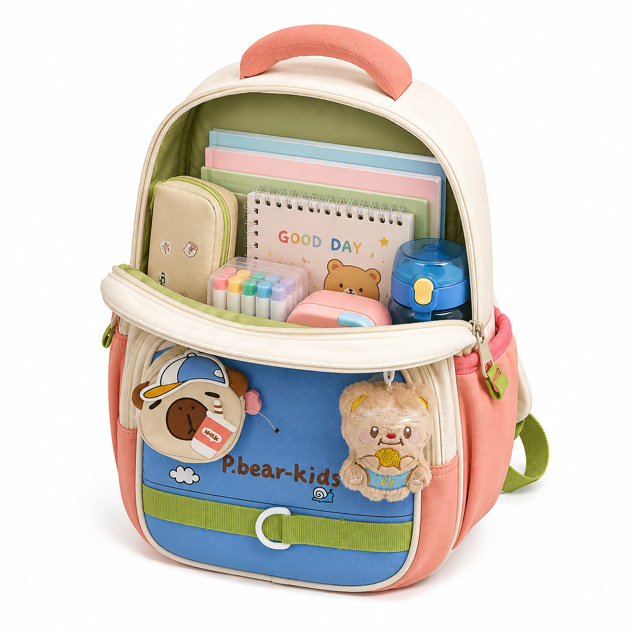 Sac à Dos Maternelle & CP P.Bear Kids Bleu, Rose & Vert – 38 × 28 × 15 cm – 2 à 5 Ans