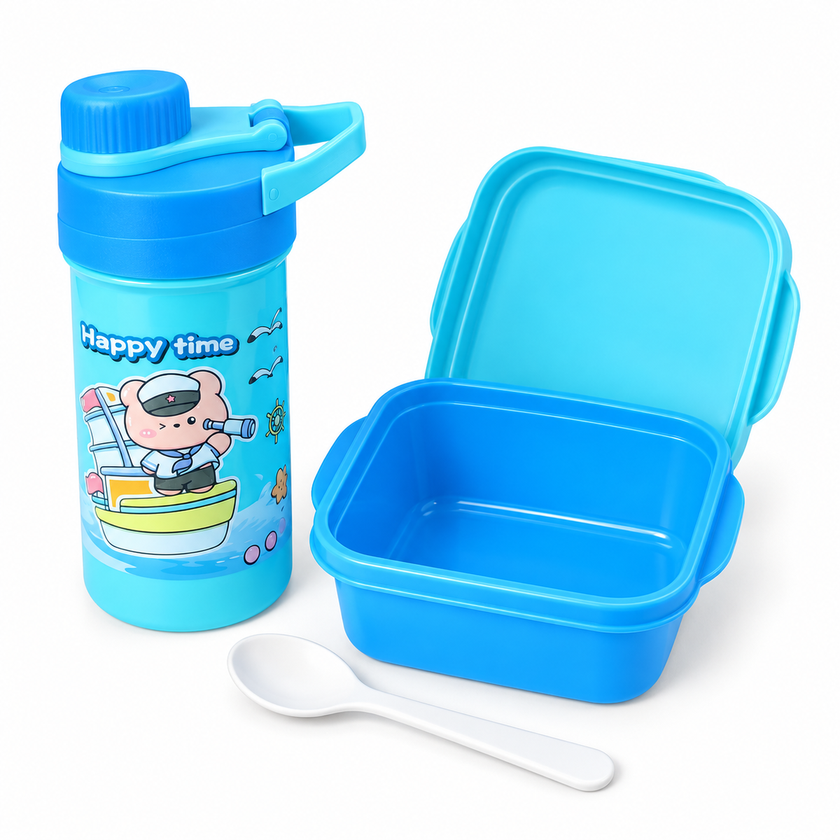 Set Lunch Box + Gourde Enfant Bleu Happy Time – Gourde 500 ml – 14 x 7 cm