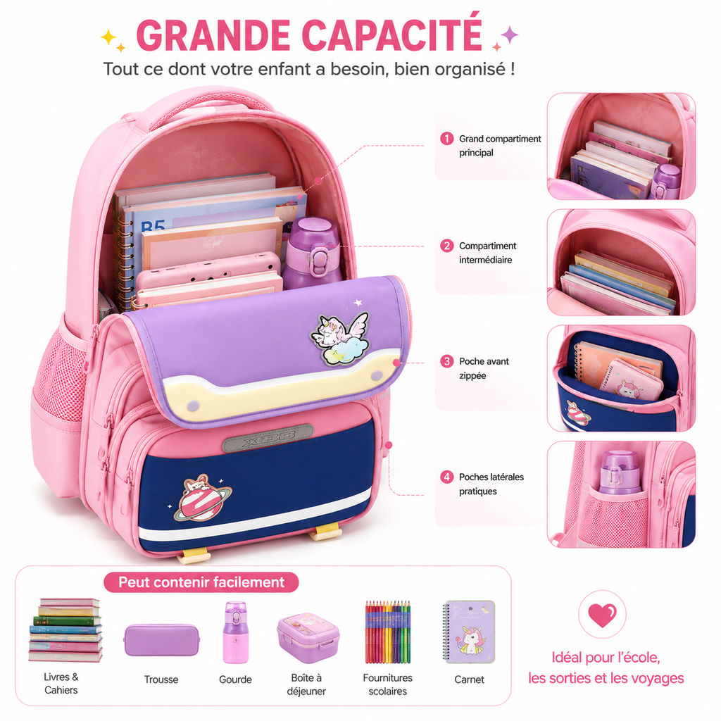 Sac à Dos Scolaire Fille Licorne Rose Classes de CM – Grande Capacité – Dos Respirant – Bretelles Rembourrées