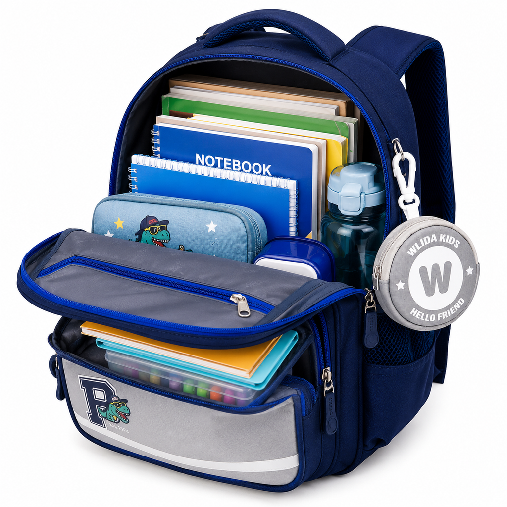 Sac à Dos Scolaire Enfant Wldkids Bleu - Classes de CE & CM – Grande Capacité avec Trousse Ronde Amovible