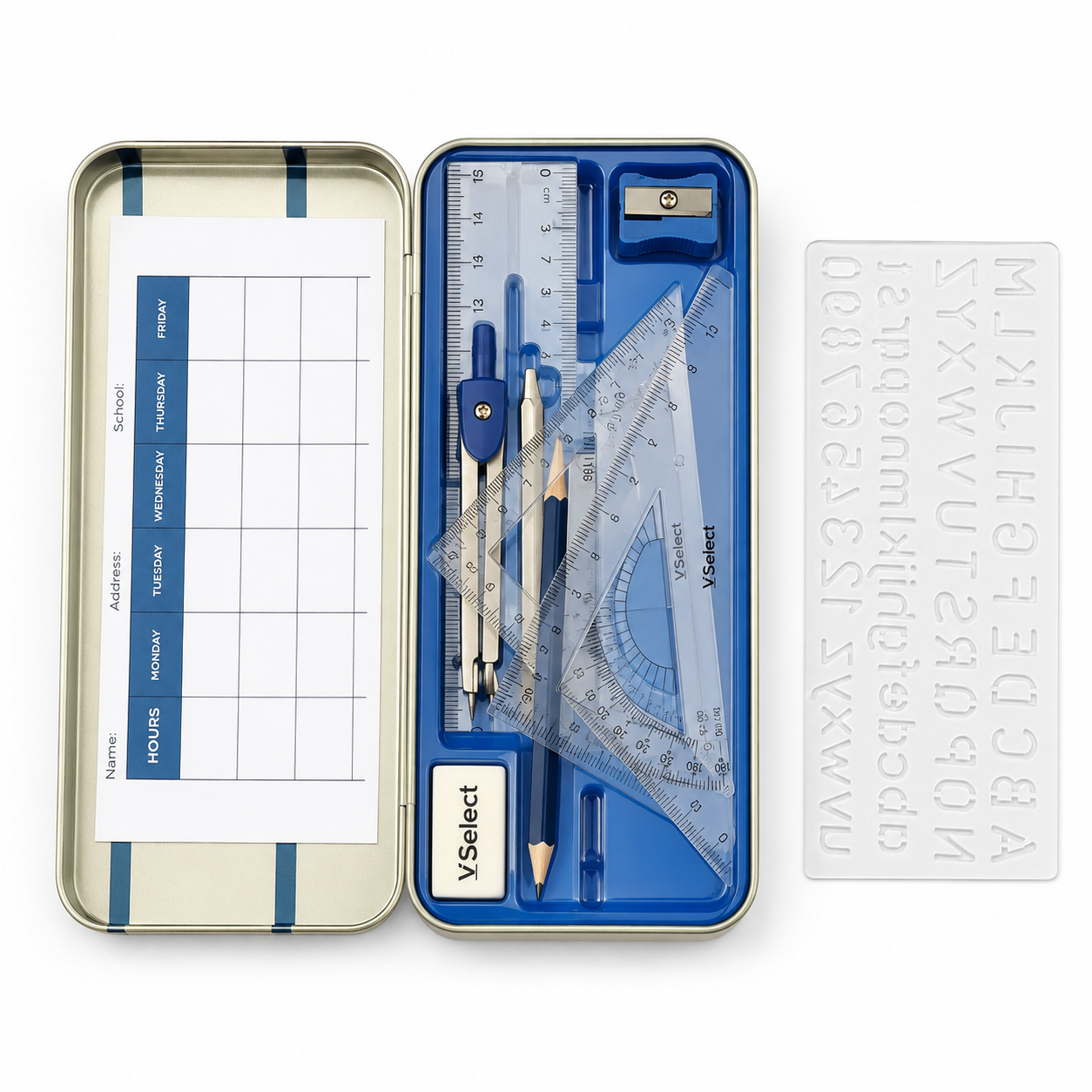 Coffret de géométrie VSelect 11 pièces – Boîte métallique complète