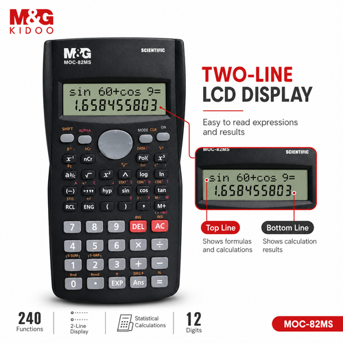 Calculatrice scientifique noire M&G MOC-82MS avec 240 fonctions et écran LCD deux lignes – Kidoo