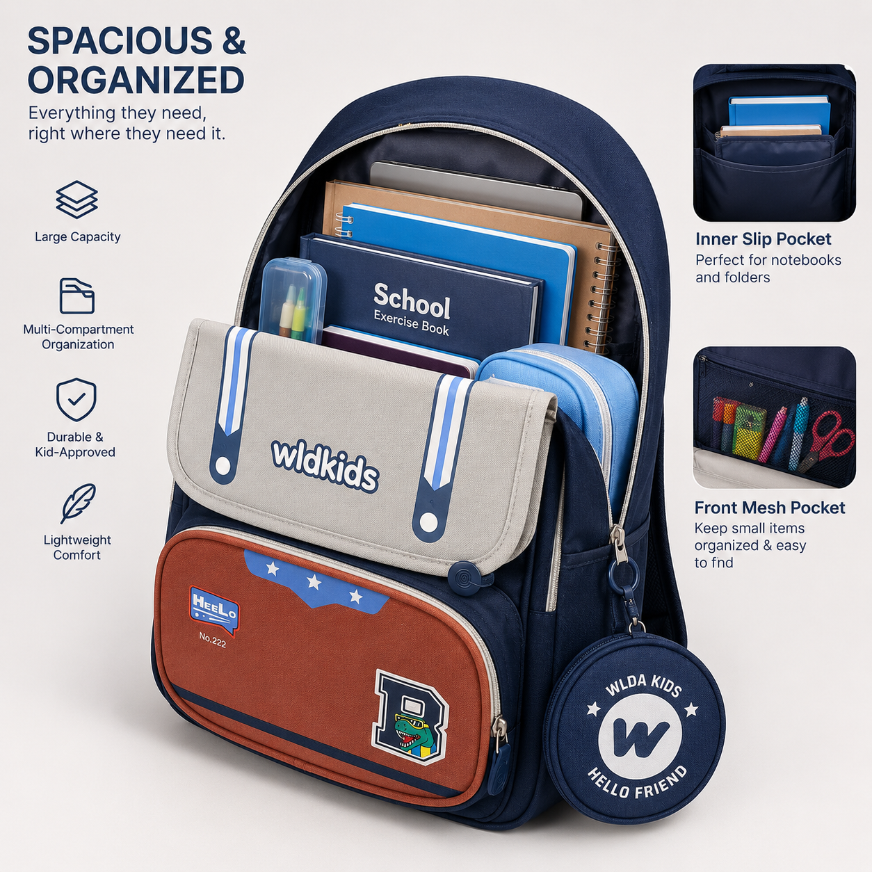Sac à Dos Scolaire Wldkids - Classes de CE1 & CE2 – Bleu & Gris – Grande Capacité avec Trousse Ronde Amovible