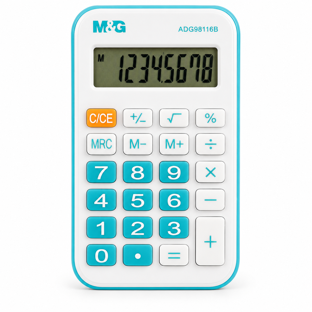 M&G Calculatrice de poche Blanche et Turquoise – Écran LCD et Touches Souples