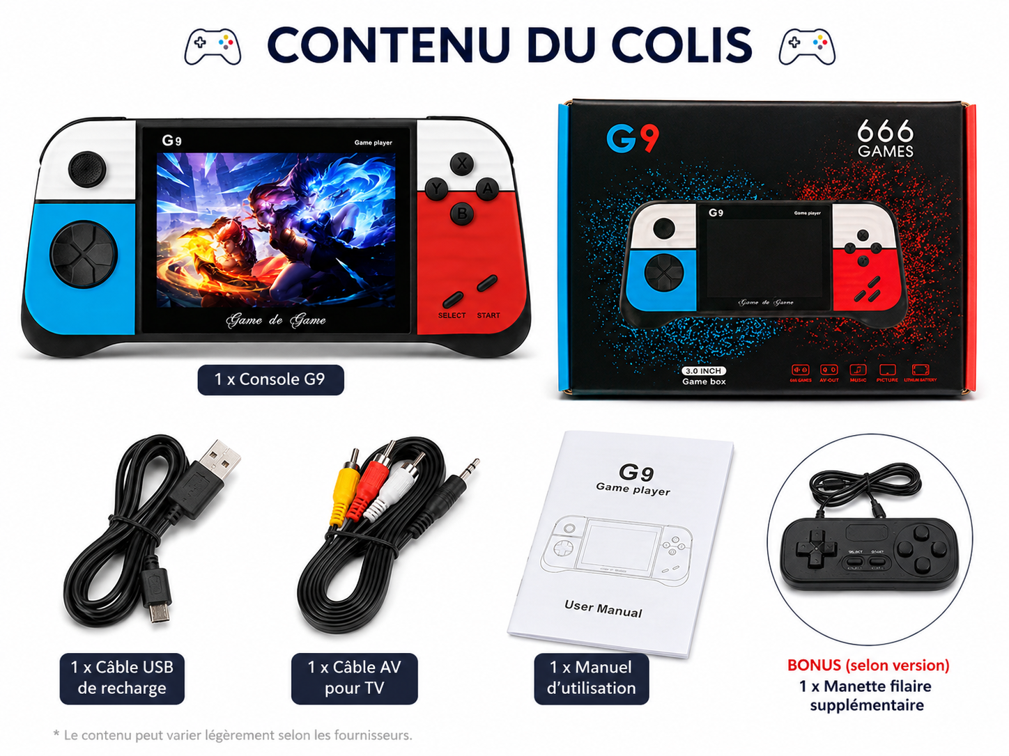 Console Portable G9 650+ Jeux Intégrés – Écran HD 3 Pouces – Rechargeable – Sortie TV