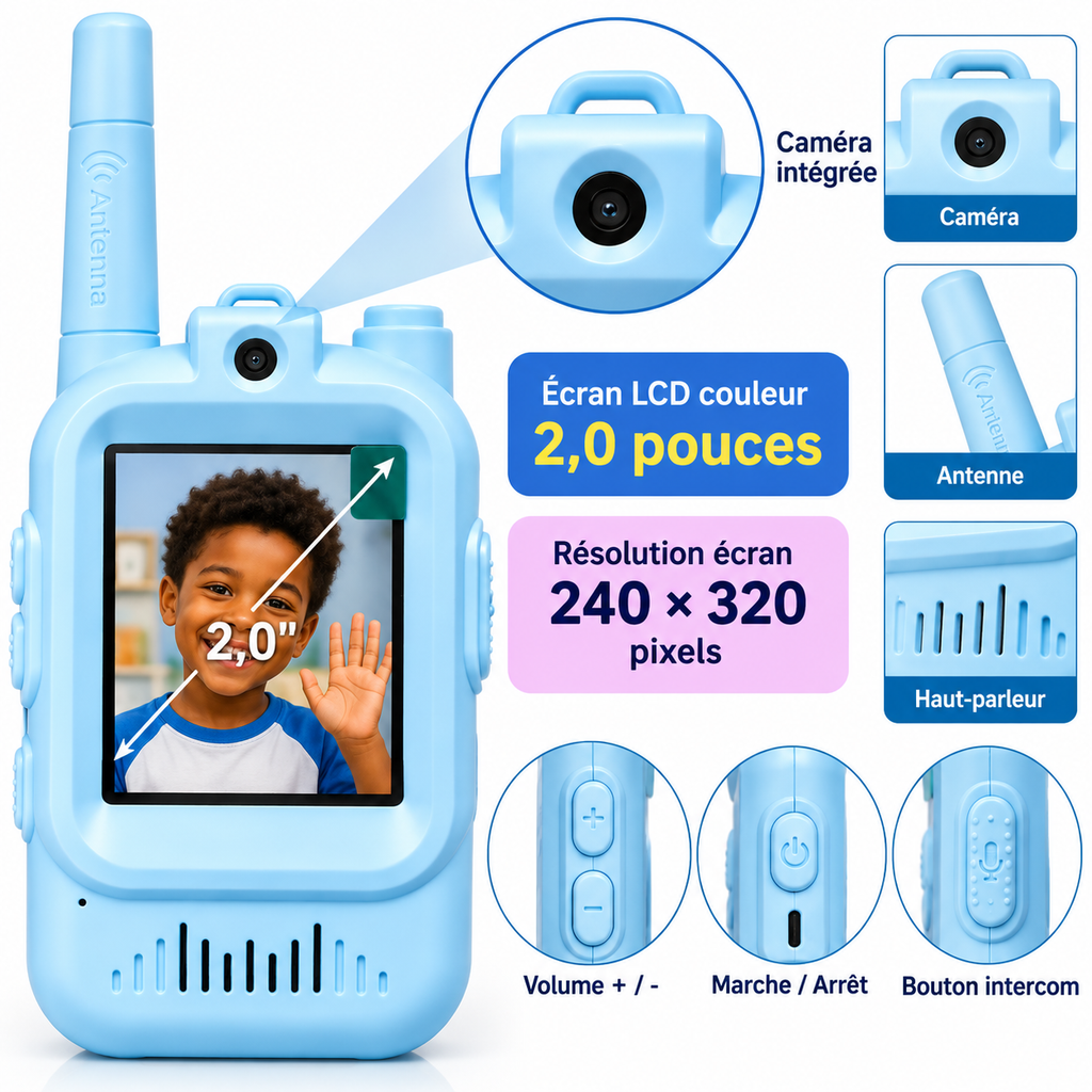 Talkie-Walkies Vidéo Enfant avec Écran 2", Caméra & Photos – Bleu + Rose – Lot de 2