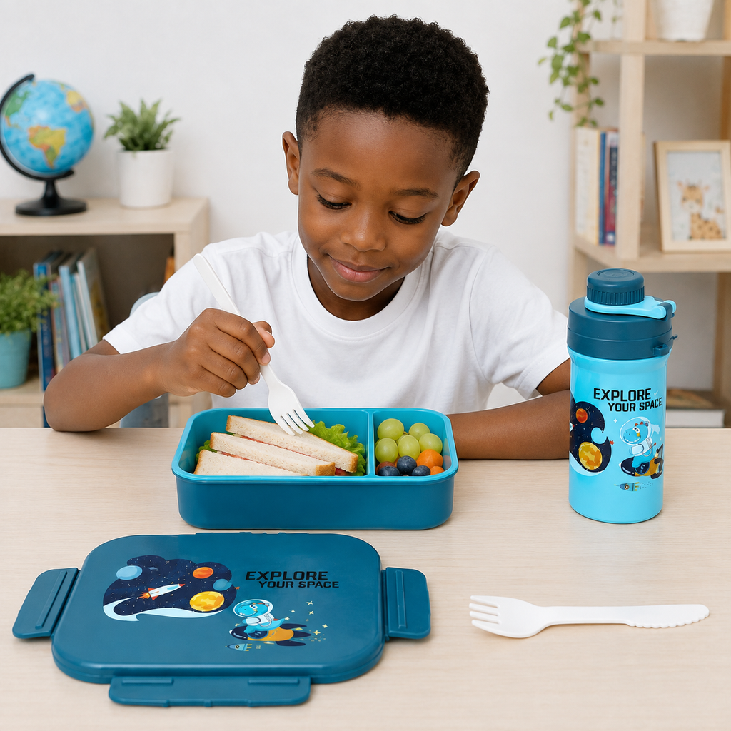 Set Lunch Box Compartimentée + Gourde Enfant Espace Bleu – 20 × 14 × 7 cm