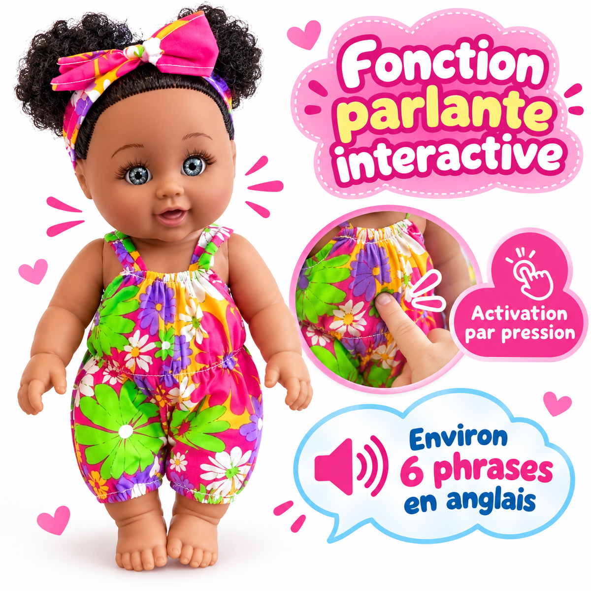 Poupée Bébé Fille Parlante 30 cm – Combinaison Fleurie Multicolore