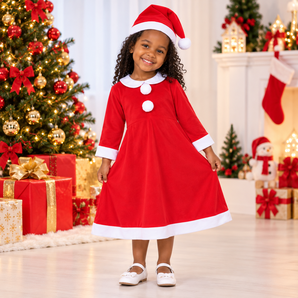 Costume Mère Noël Fille – Robe Rouge & Blanche avec Bonnet – 0 à 13 Ans