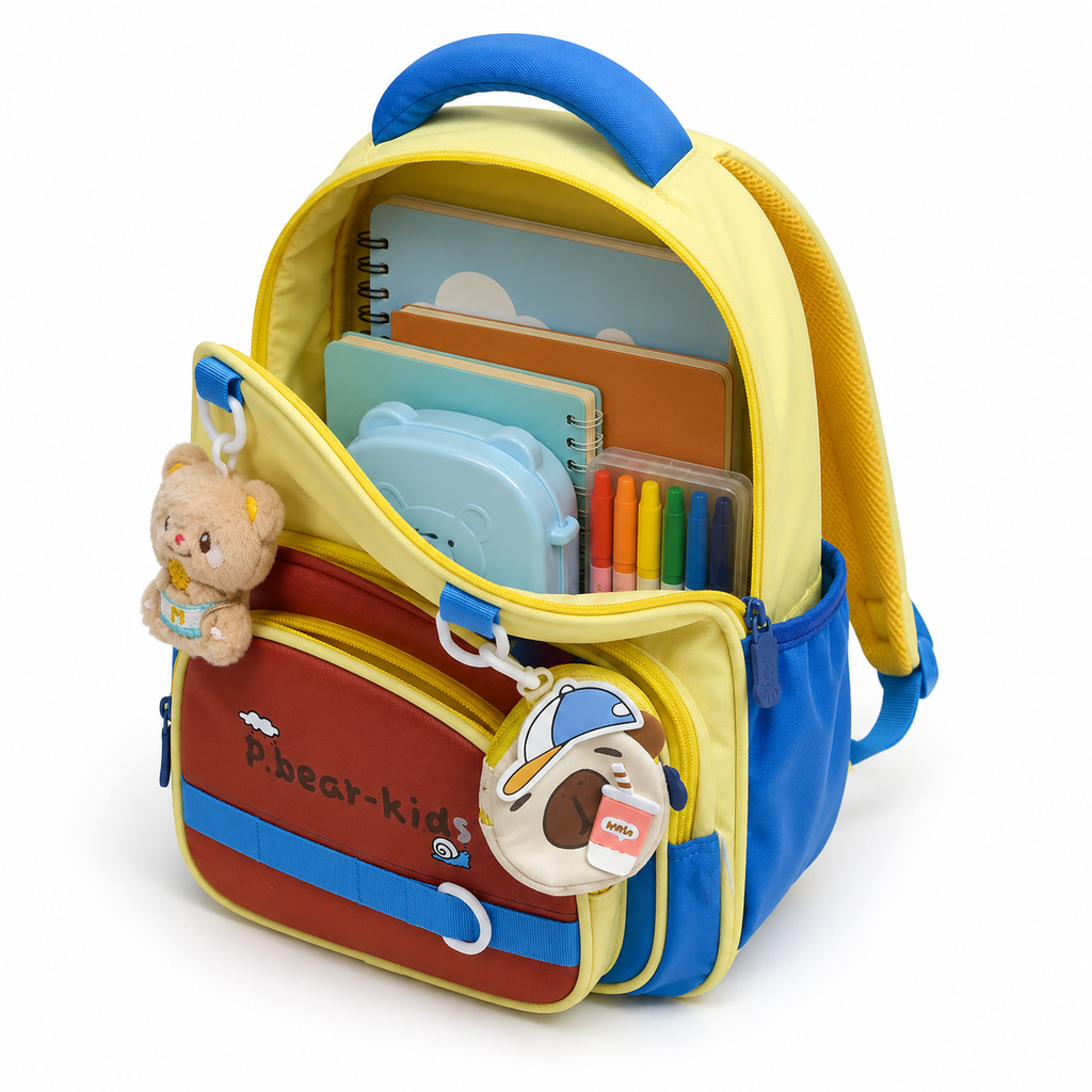 Sac à Dos Maternelle & CP P.Bear Kids Jaune, Bleu & Marron – 38 × 28 × 15 cm – 2 à 5 Ans