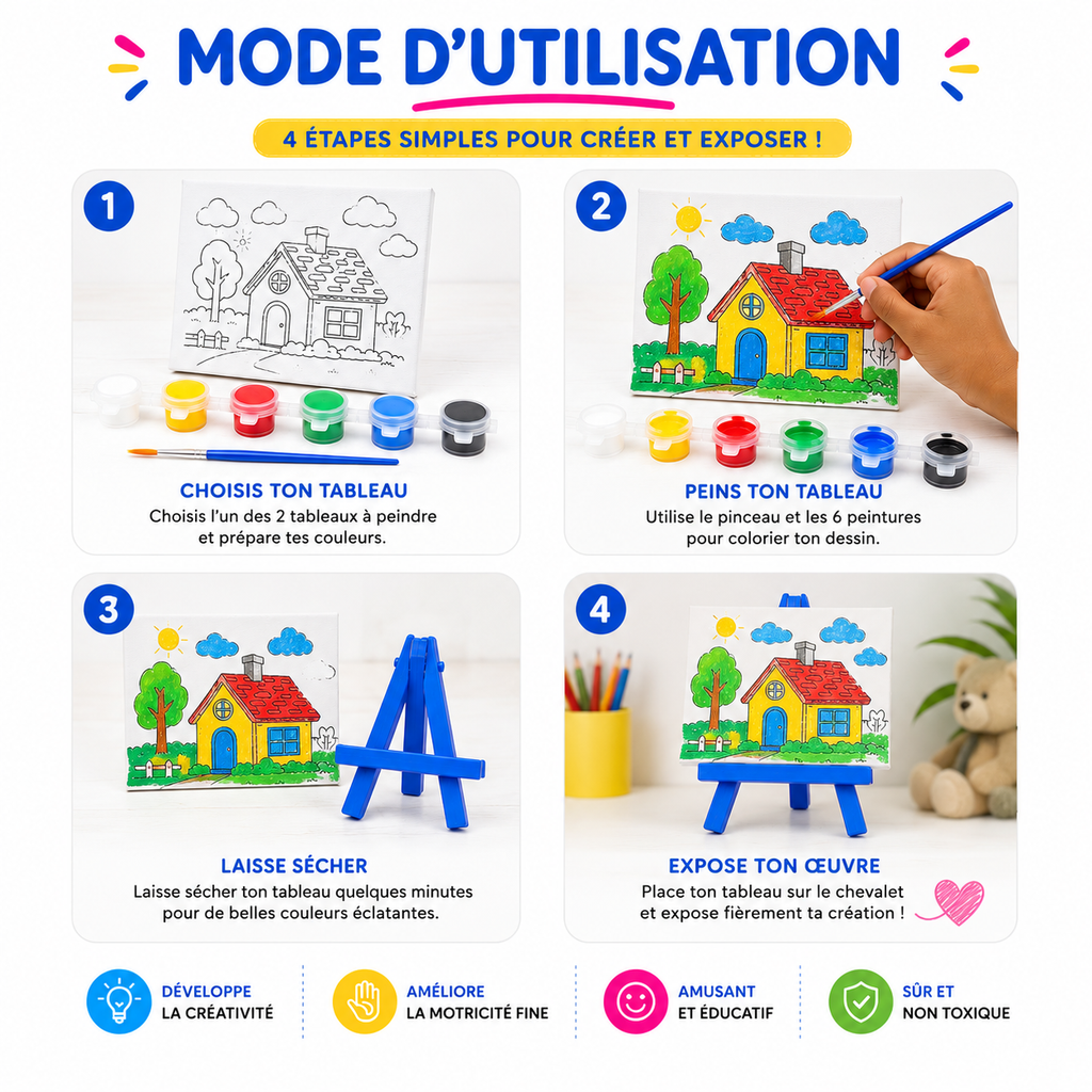 Motarro Kit Créatif Cadres à Peindre – 2 Tableaux avec Chevalets, 6 Peintures & Pinceau
