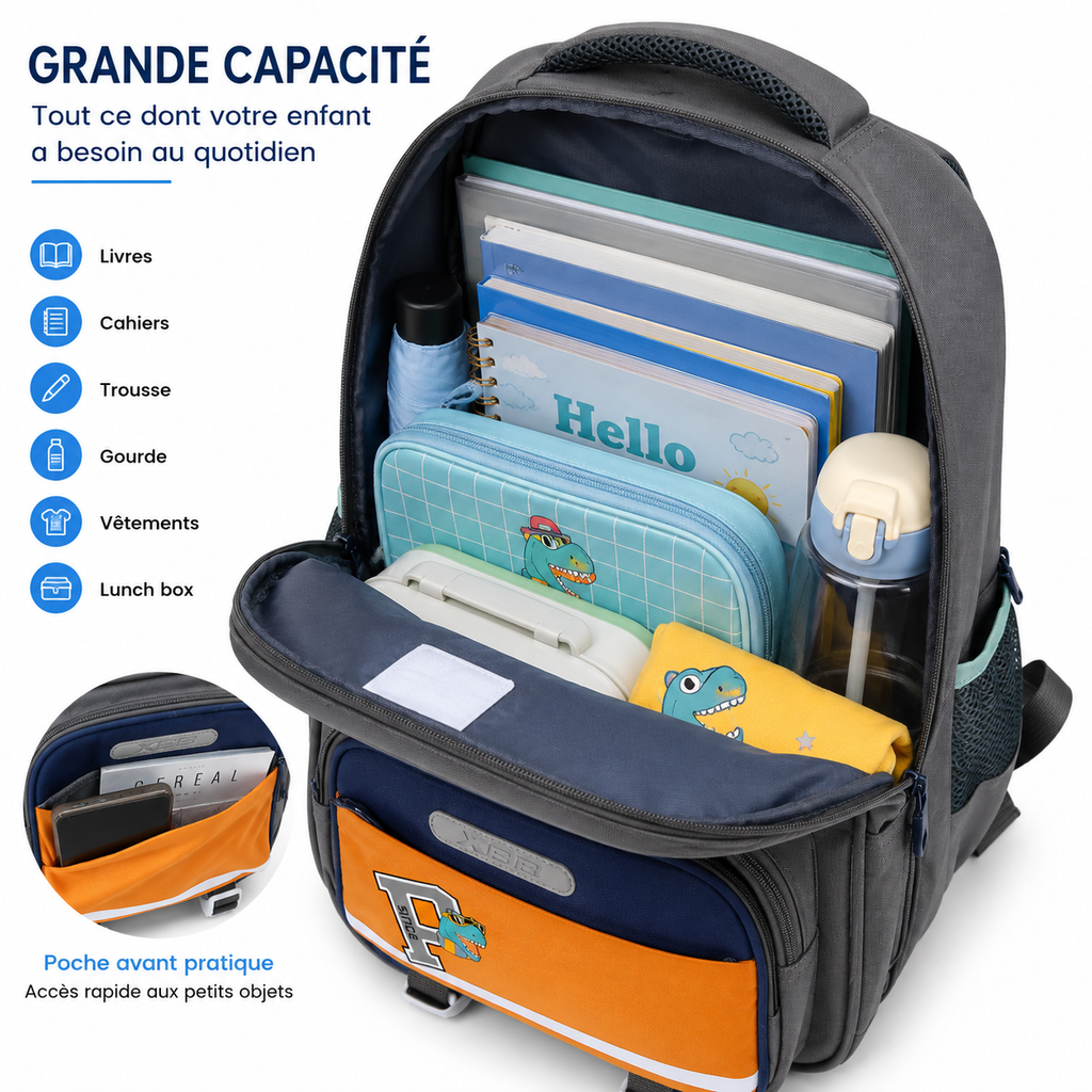 Sac à Dos Scolaire Enfant Dinosaure Classes de CM – Grande Capacité – Confort & Sécurité - Bleu