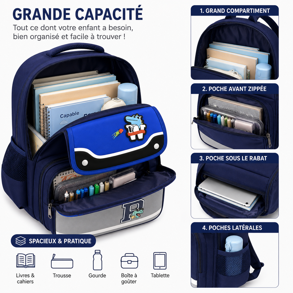 Sac à Dos Scolaire Enfant Dinosaure Bleu Marine & Bleu Royal - Classes de CM – Grande Capacité – Dos Respirant – Bretelles Rembourrées