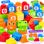 Sac de Blocs de Construction Enfant – 28 Pièces – Chiffres, Lettres & Figurines – 3 Ans+