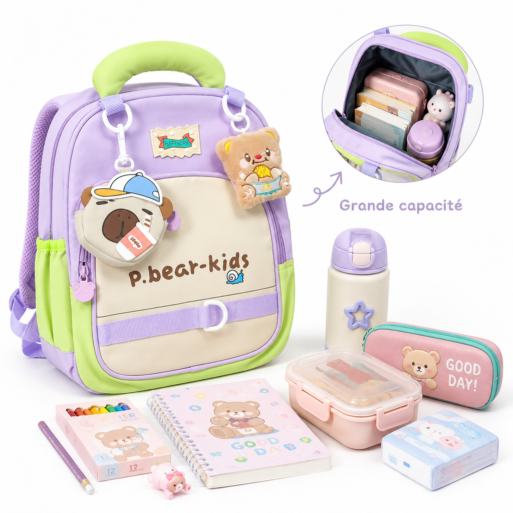 Sac à Dos Maternelle P.Bear Kids - Violet, Beige et Vert – 2 à 5 Ans