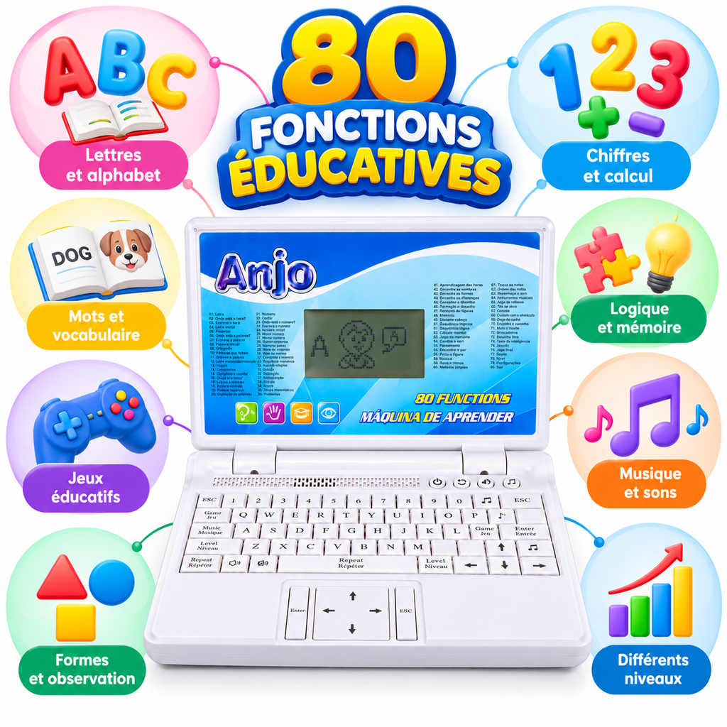 Ordinateur Éducatif Enfant 80 Fonctions – Apprentissage, Jeux & Musique