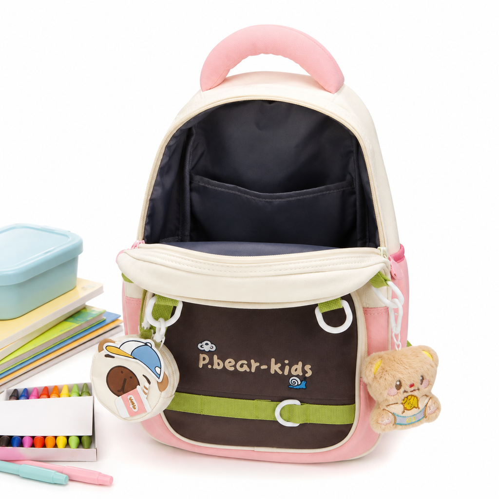 Sac à Dos Maternelle & CP P.Bear Kids Beige, Rose & Vert – 38 × 28 × 15 cm – 2 à 5 Ans