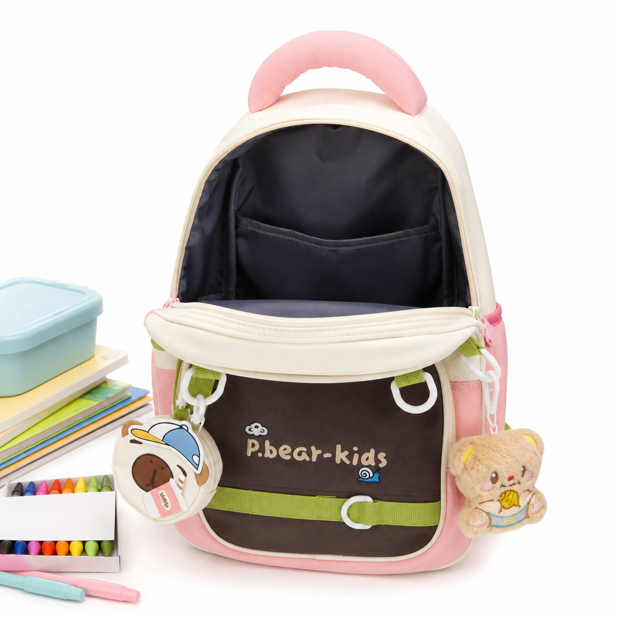 Sac à Dos Maternelle & CP P.Bear Kids Beige, Rose & Vert – 38 × 28 × 15 cm – 2 à 5 Ans