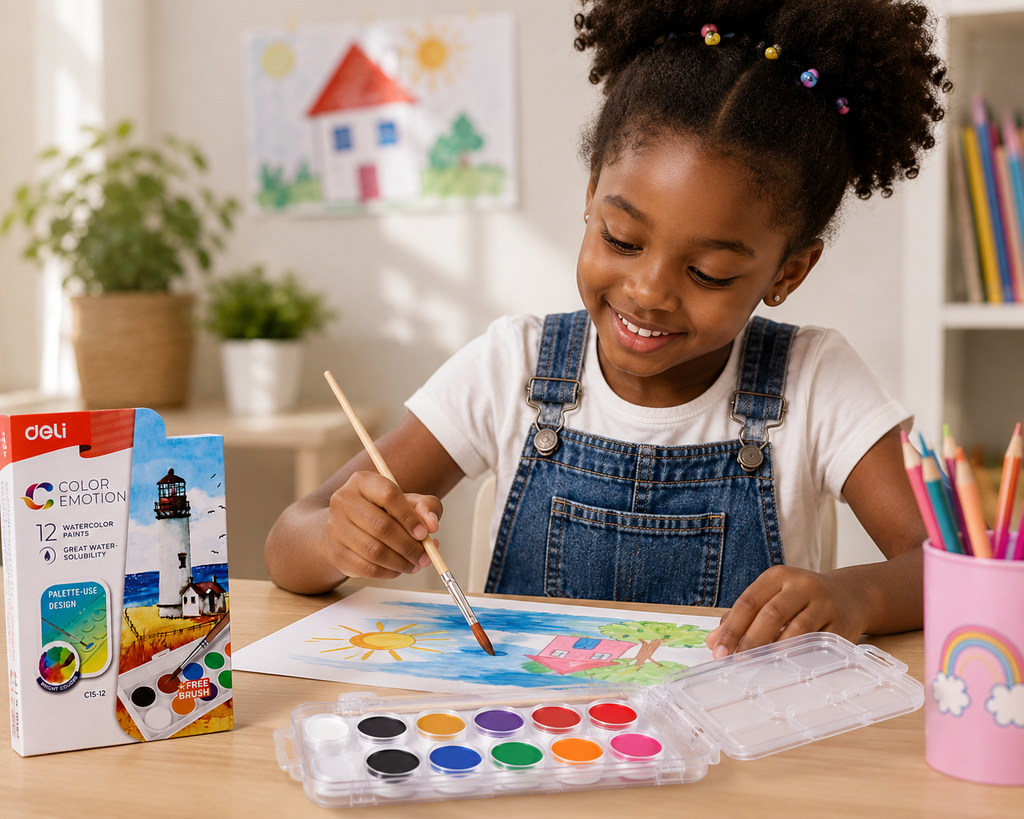 Deli Color Emotion Peinture Aquarelle  12 Couleurs avec Pinceau – Palette Créative Enfant