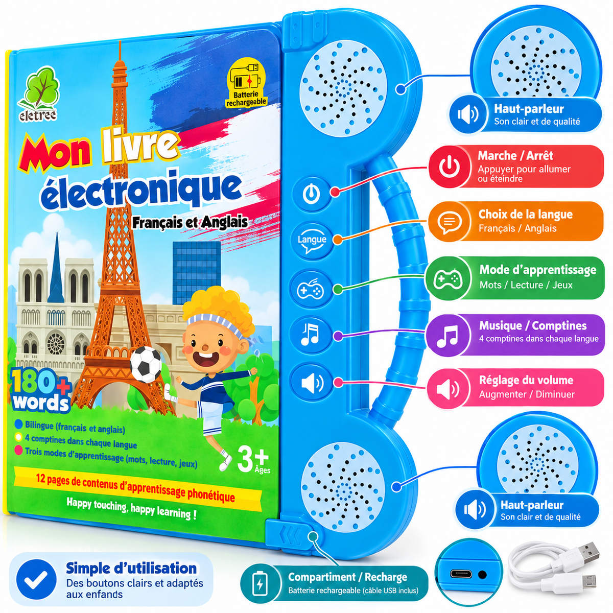 Livre Éducatif Électronique Bilingue Français–Anglais – 180+ Mots – Dès 3 Ans - Rechargeable