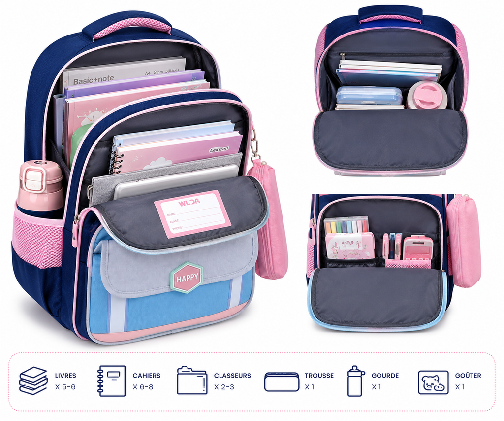 Sac à Dos Scolaire Enfant Lapin WLDA – Classes de CE & CM - Grande Capacité 41 × 30 × 16 cm – Bleu, Rose & Gris