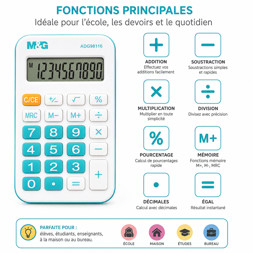 M&G Calculatrice de poche Blanche et Turquoise – Écran LCD et Touches Souples
