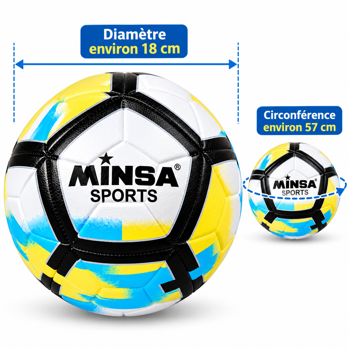 Ballon de Football Junior 6-9 ans MINSA SPORTS – 18 cm – Blanc, Noir, Jaune & Bleu