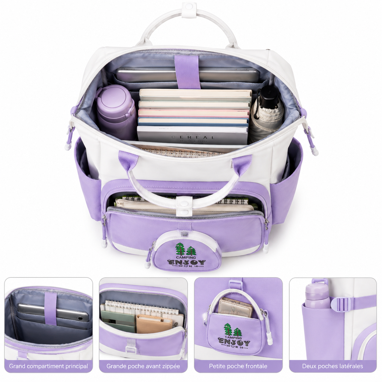 Sac à Dos Scolaire Fille Style Coréen en Toile - Mauve et Blanc – Collège et Lycée