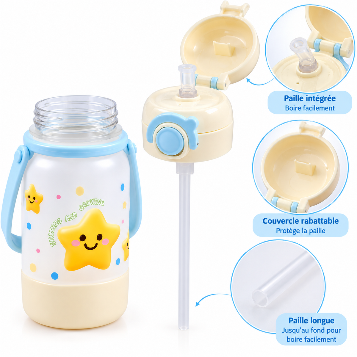 Gourde Enfant avec Paille, Poignée et Couvercle – Motif Étoile - 500 ml