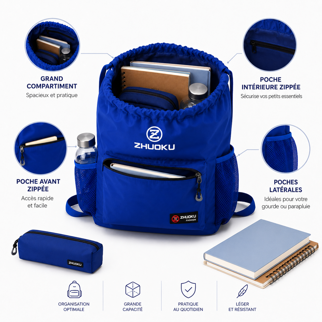 ZHUOKU Sac à dos à cordon Bleu Roi - 40 cm – Léger, Spacieux et Polyvalent