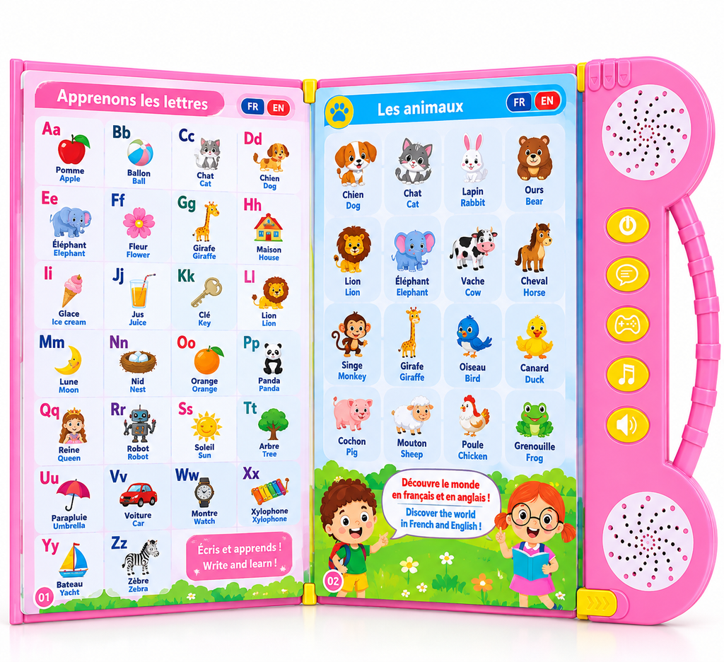 Livre Éducatif Électronique Bilingue Français–Anglais – 180+ Mots – Rose – Dès 3 Ans - Rechargeable