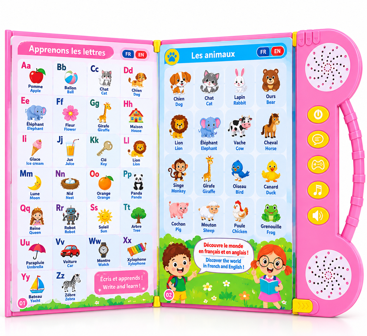 Livre Éducatif Électronique Bilingue Français–Anglais – 180+ Mots – Rose – Dès 3 Ans - Rechargeable