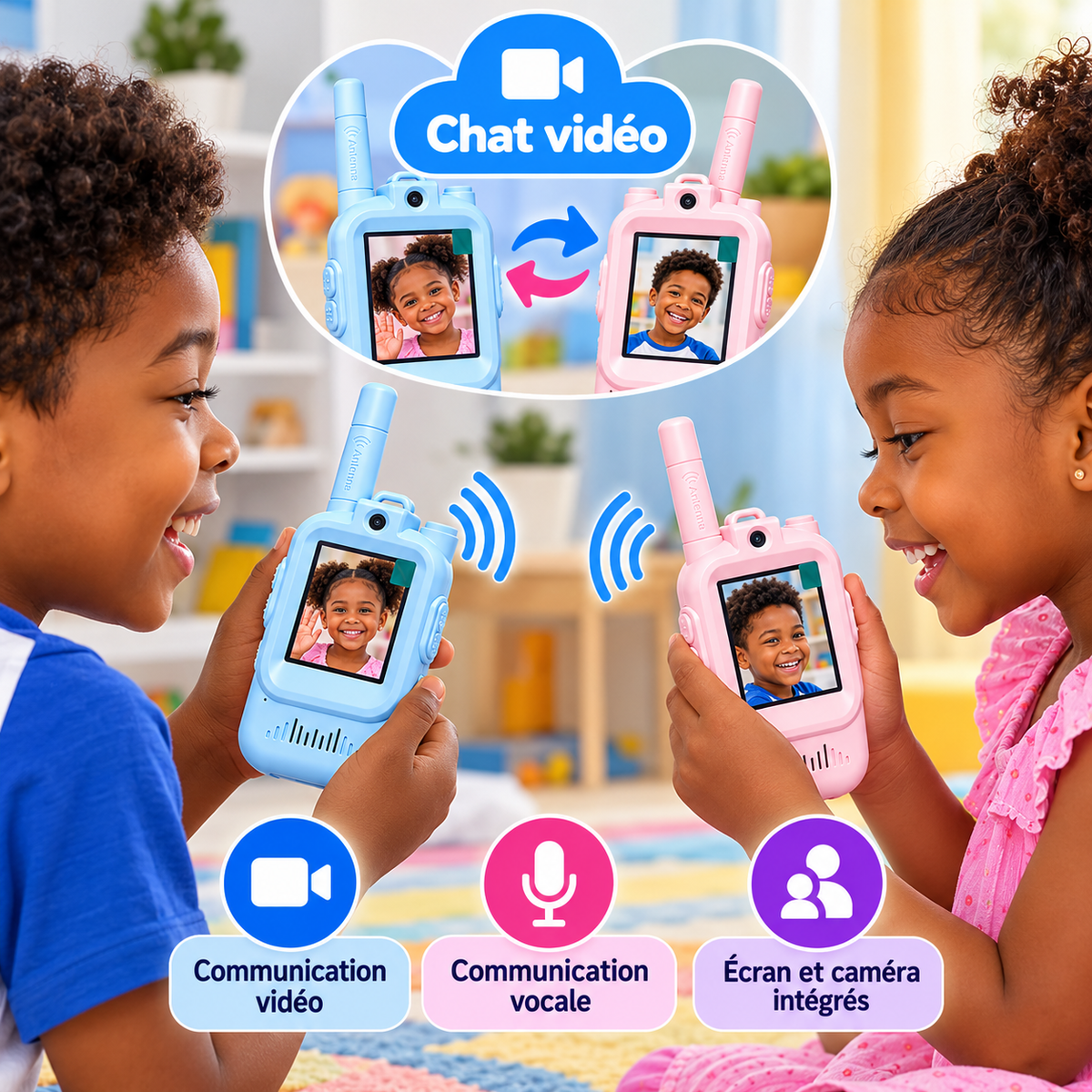 Talkie-Walkies Vidéo Enfant avec Écran 2", Caméra & Photos – Bleu + Rose – Lot de 2