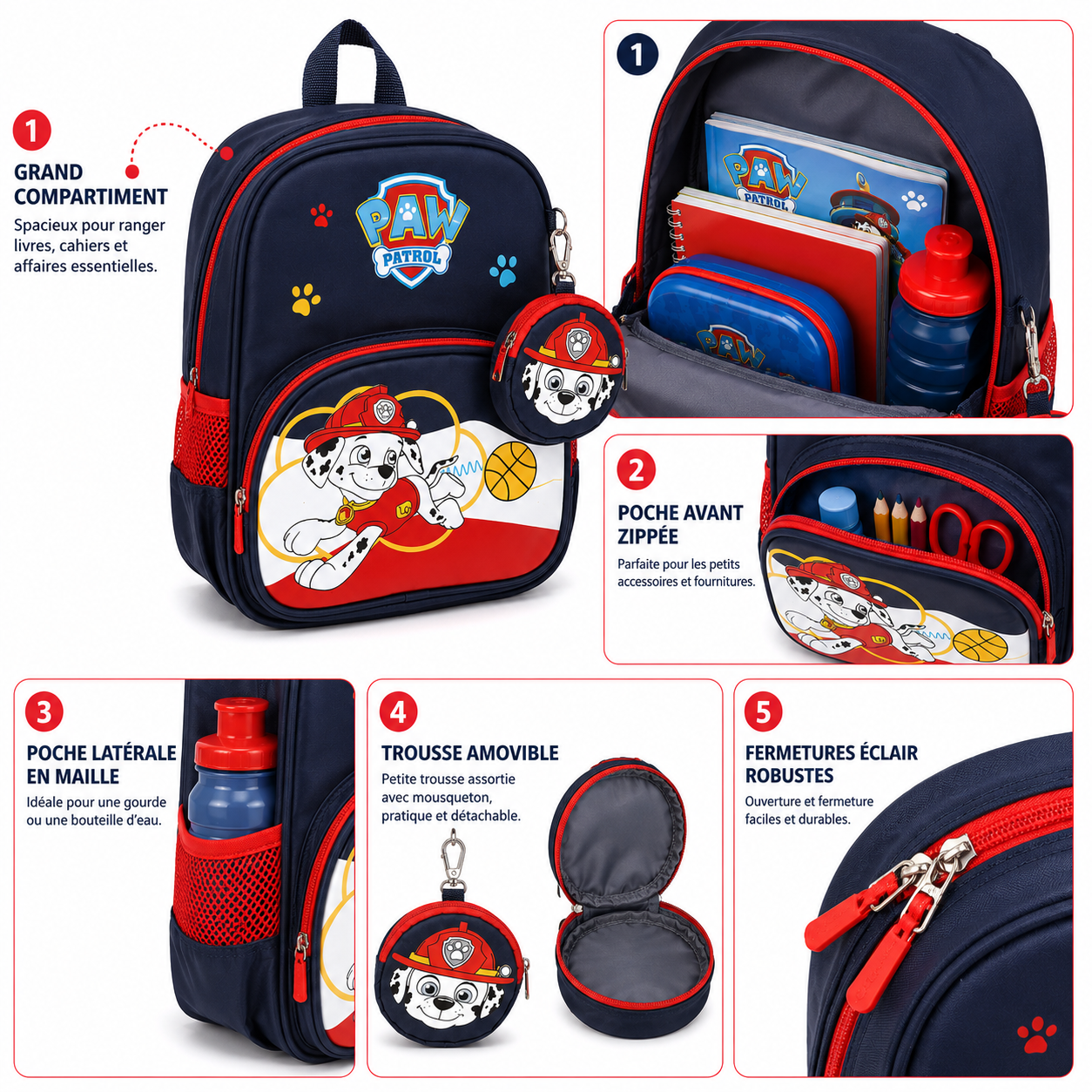 Sac à Dos Enfant Paw Patrol Marshall - Bleu Marine avec Petite Trousse – Modèle maternelle et CP1