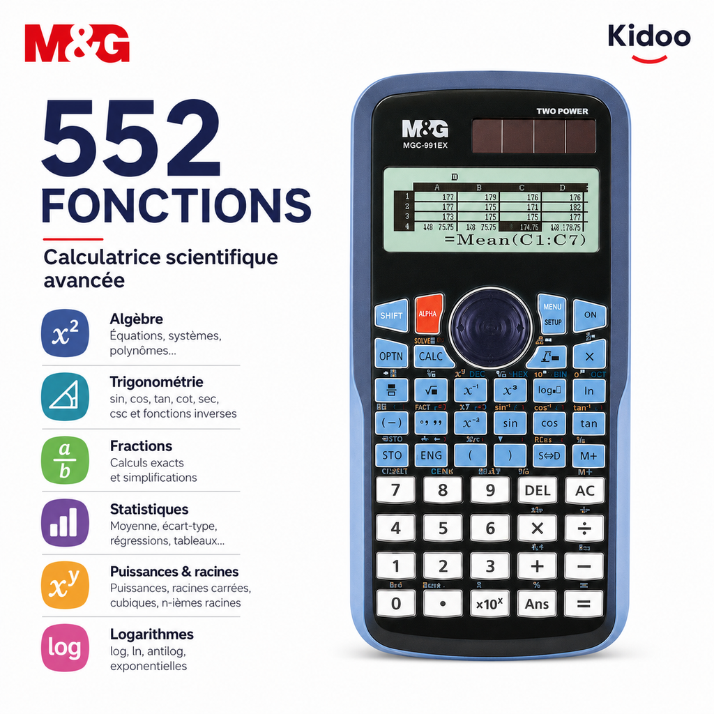 Calculatrice Scientifique M&G MGC-991EX – 552 Fonctions, Écran Haute Définition et Double Alimentation