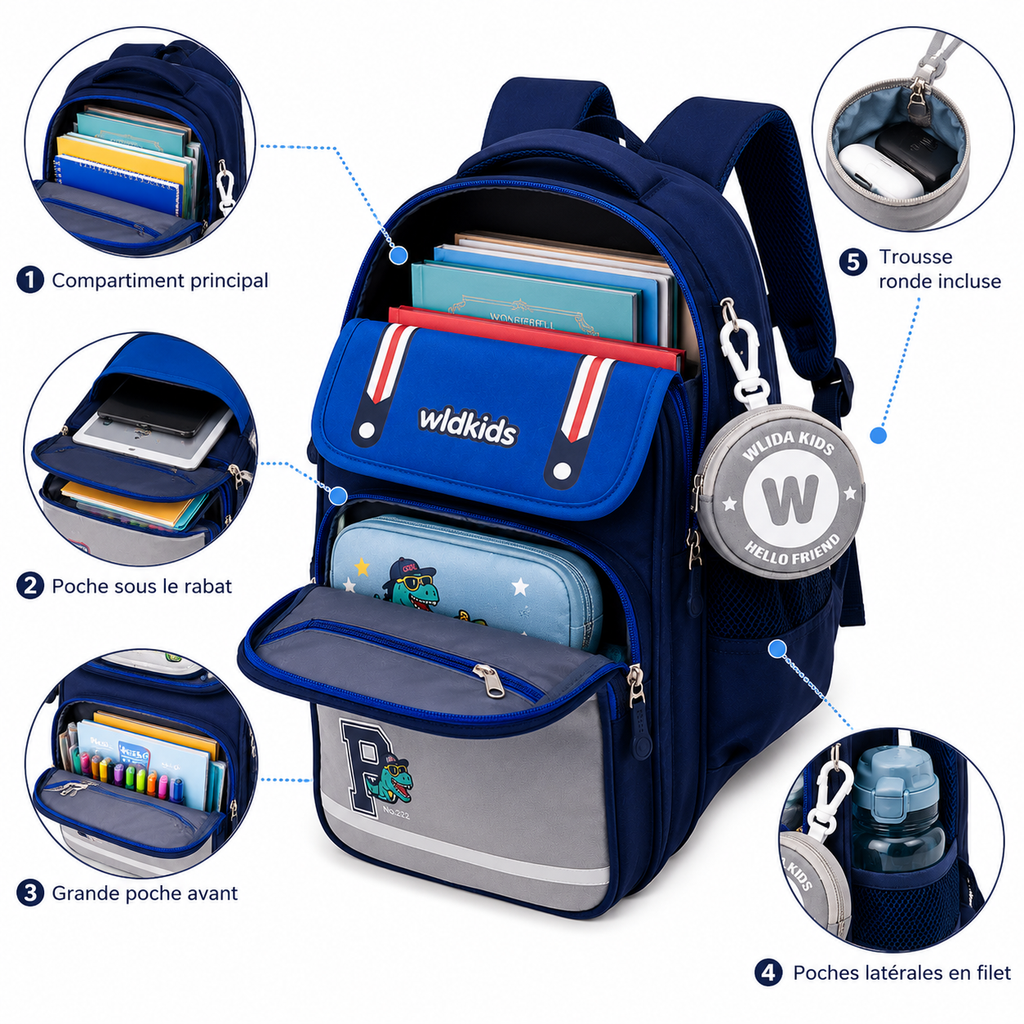 Sac à Dos Scolaire Enfant Wldkids Bleu - Classes de CE & CM – Grande Capacité avec Trousse Ronde Amovible