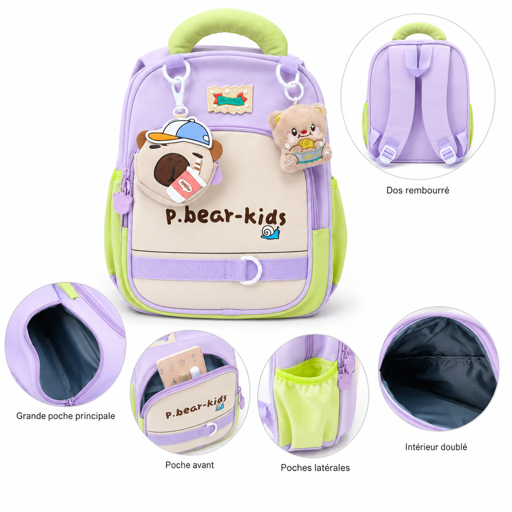Sac à Dos Maternelle P.Bear Kids - Violet, Beige et Vert – 2 à 5 Ans