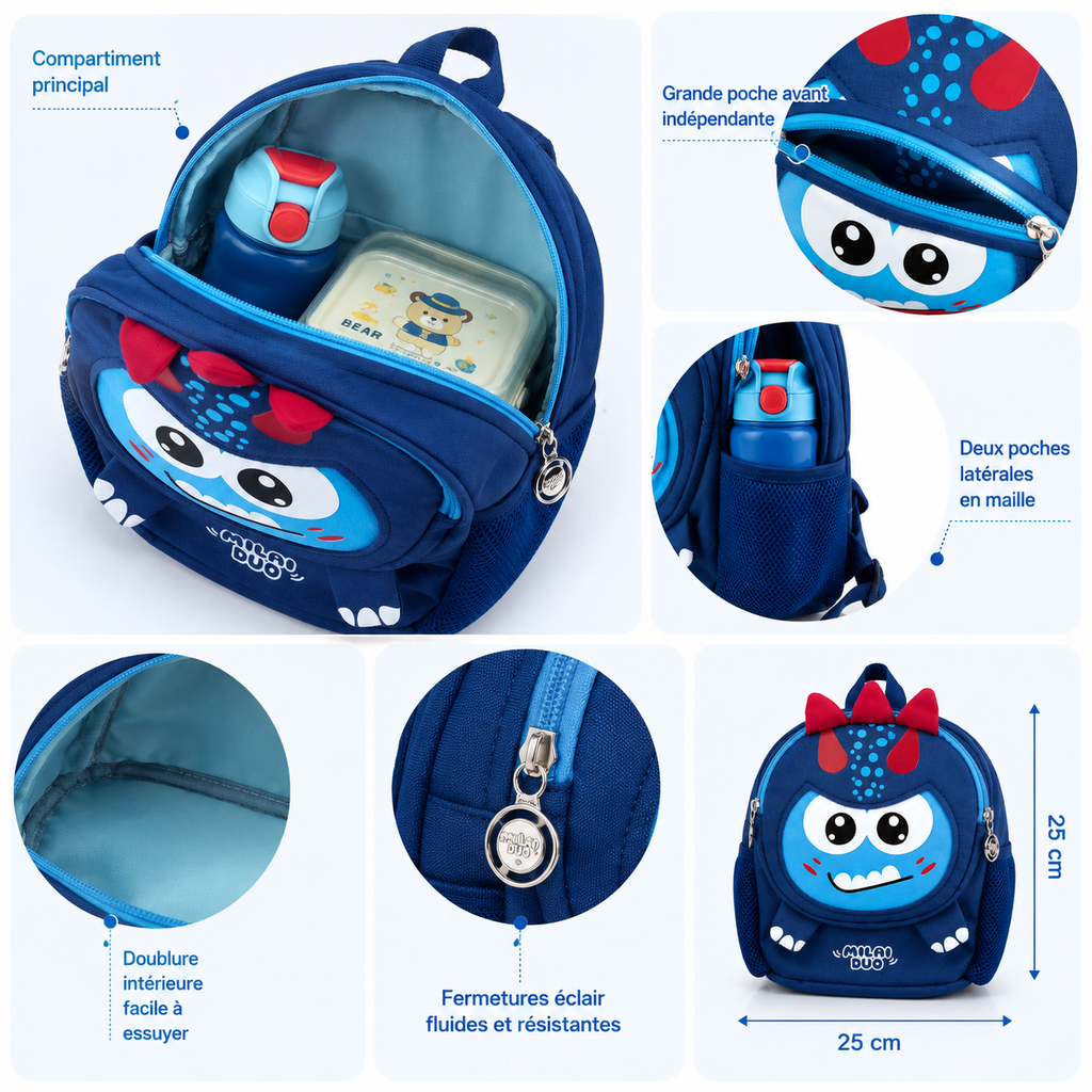 Sac à Dos Maternelle Dinosaure Bleu 3D 25 × 25 cm – Enfant