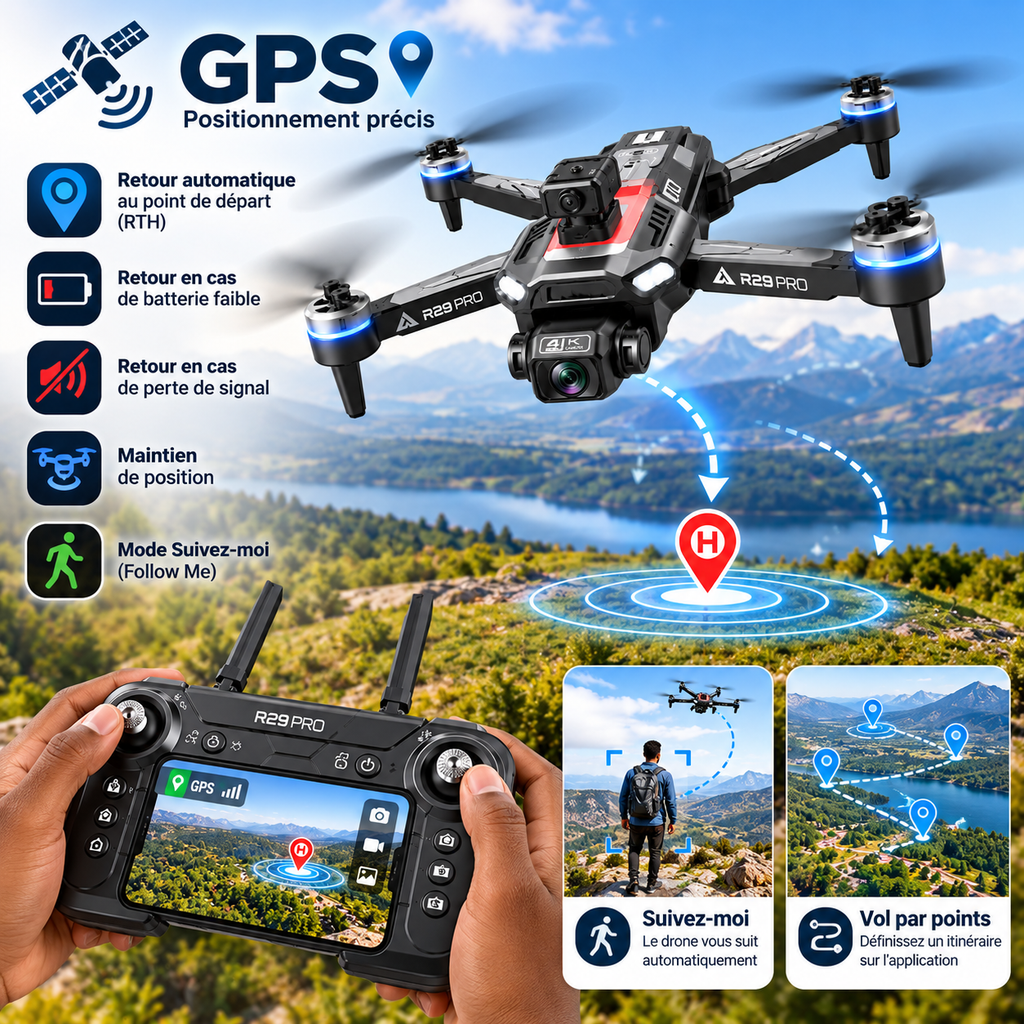 Drone R29 Pro GPS Pliable – Caméra 4K – Brushless – Double Batterie – Retour Automatique